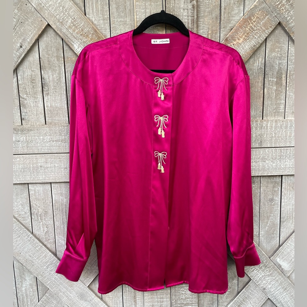 St. John magenta silk bow tie blouse 4